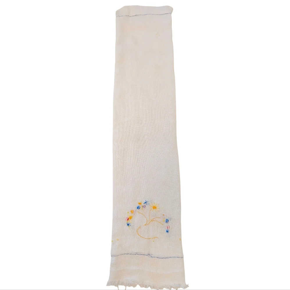 VINTAGE Dish Towel Embroidered Linen Farmhouse Floral White Yellow Blue